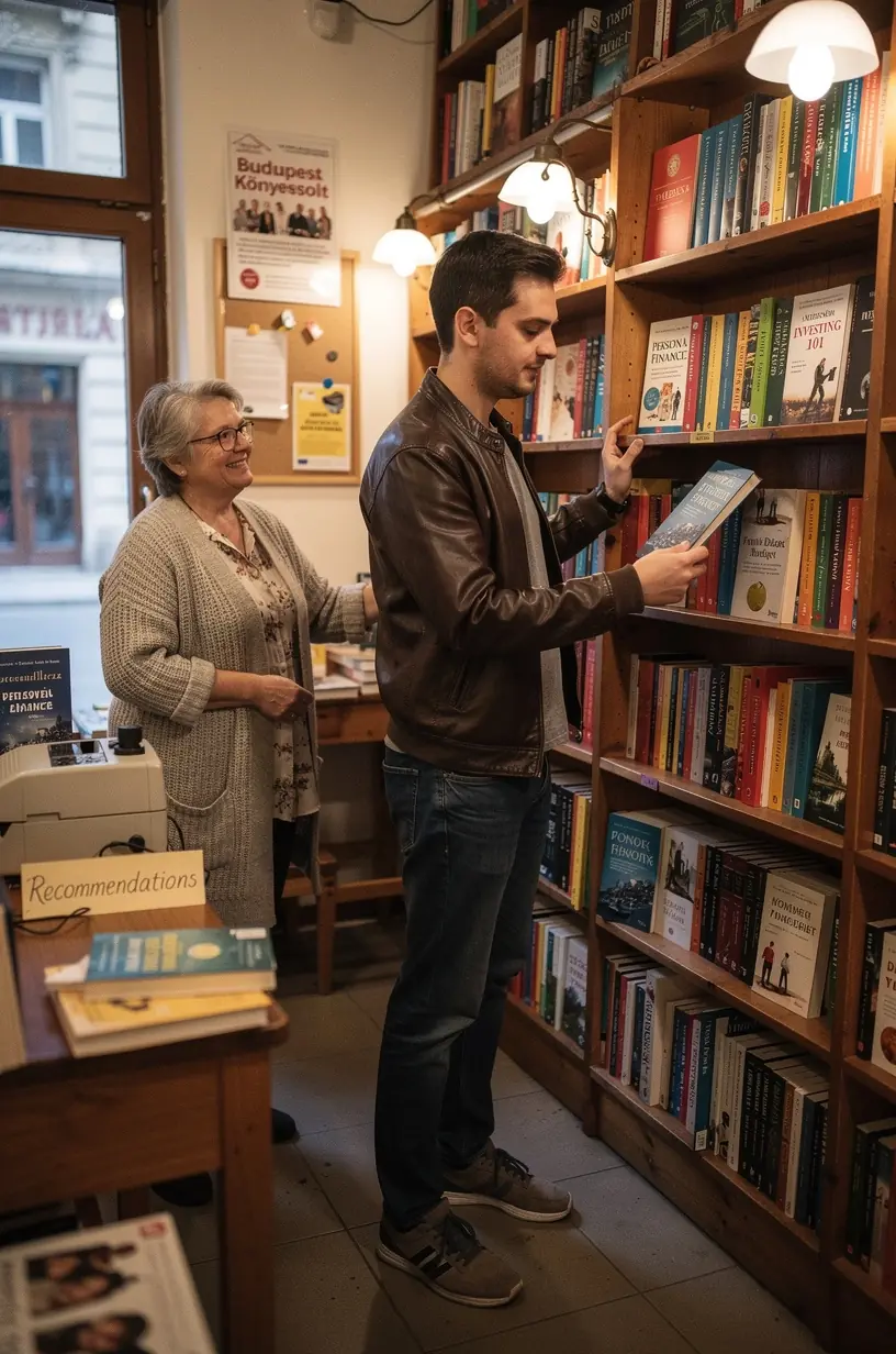 Személyes pénzügyi könyvek sorakoznak egy polcon, karriernövekedés témában